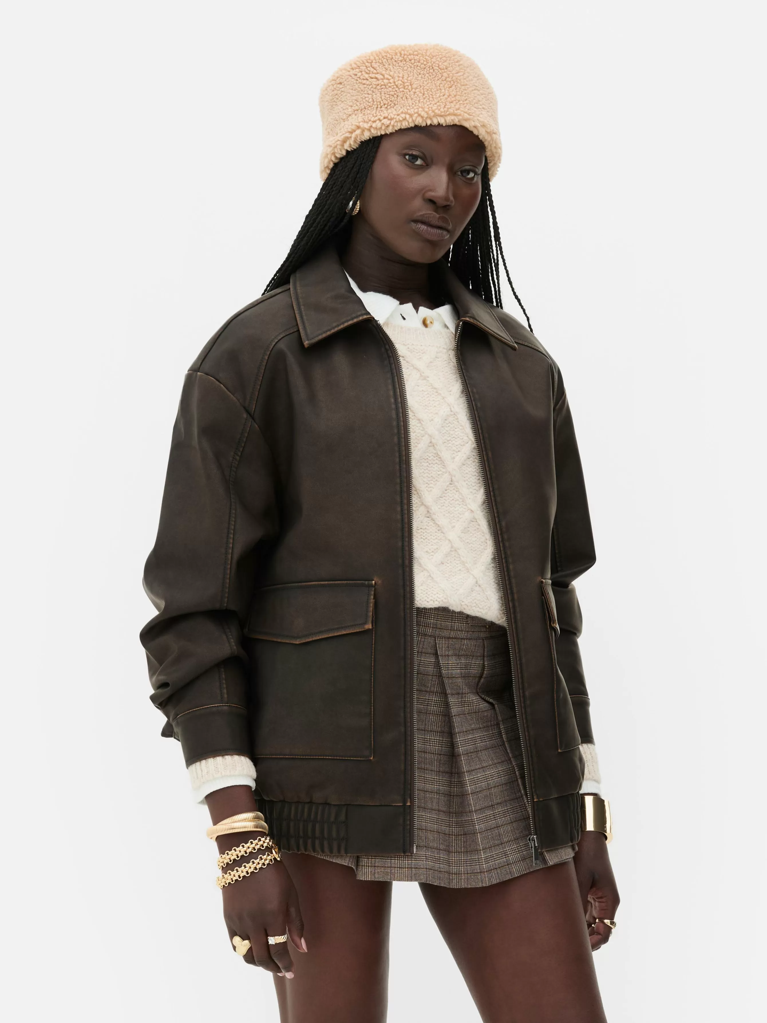 Fashion Primark Blouson Bomber En Simili Cuir à Effet Vieilli Rita Ora Marron