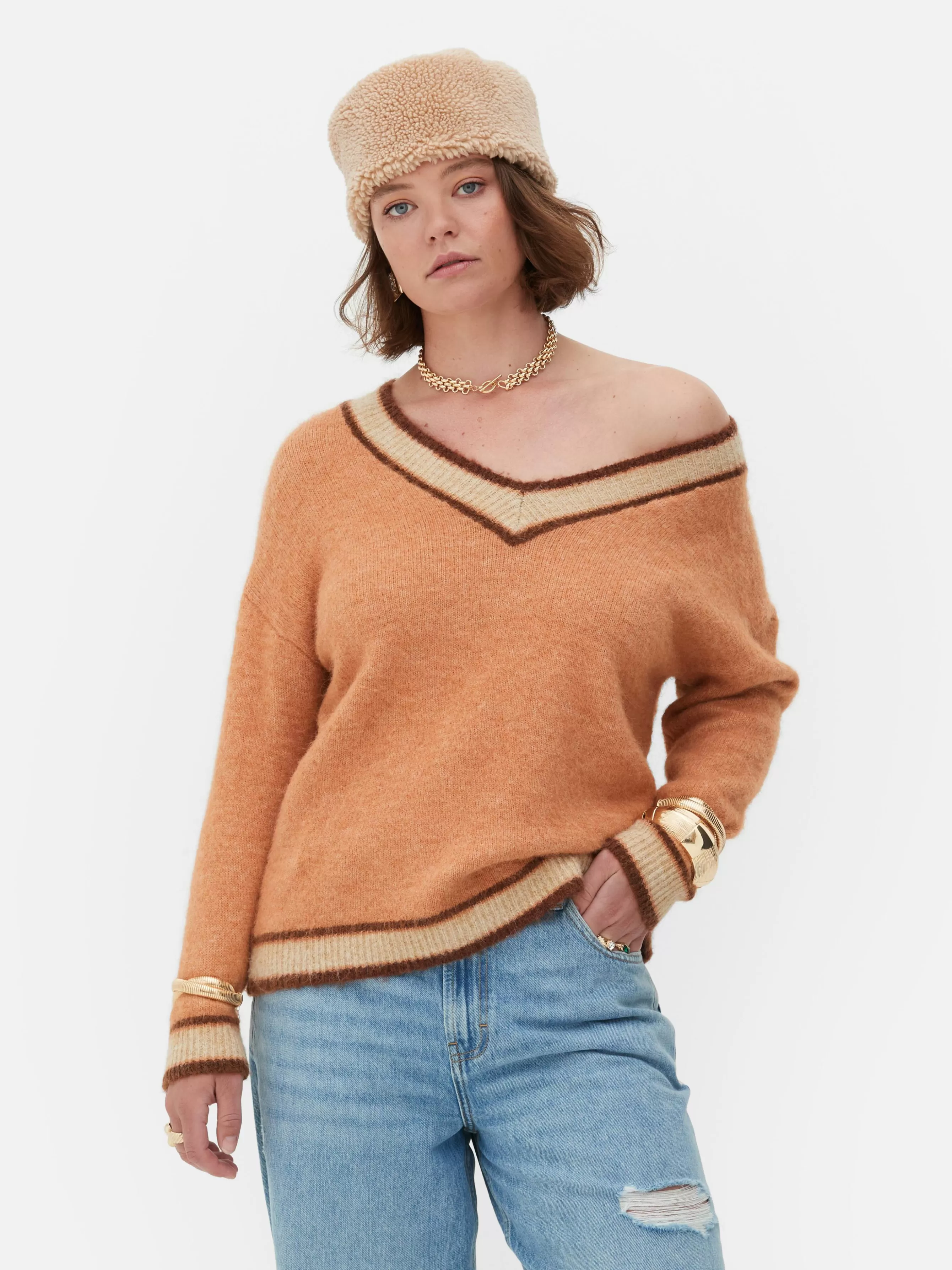 Flash Sale Primark Pull à Col En V Style Vintage Rita Ora Pêche