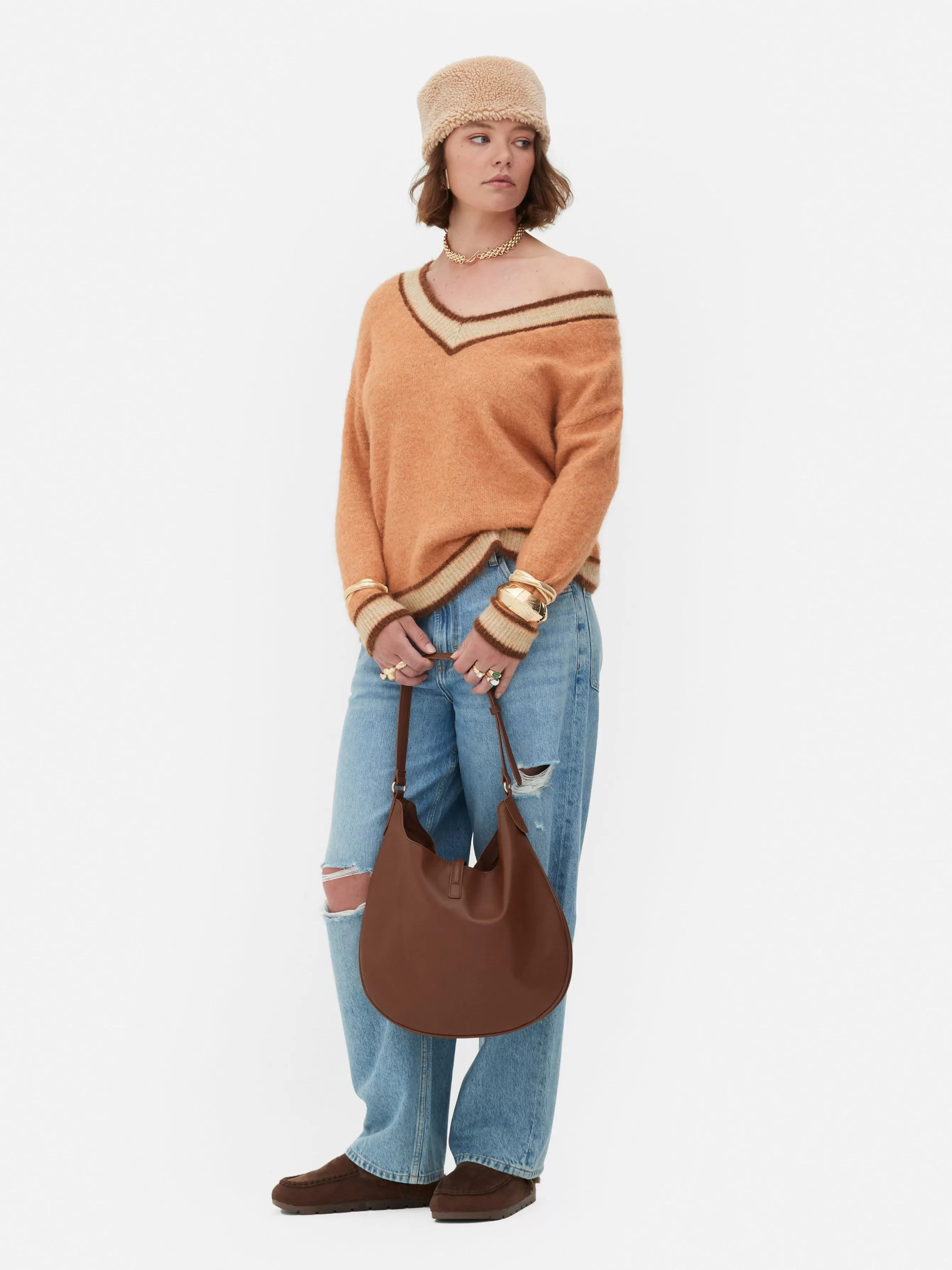 Flash Sale Primark Pull à Col En V Style Vintage Rita Ora Pêche